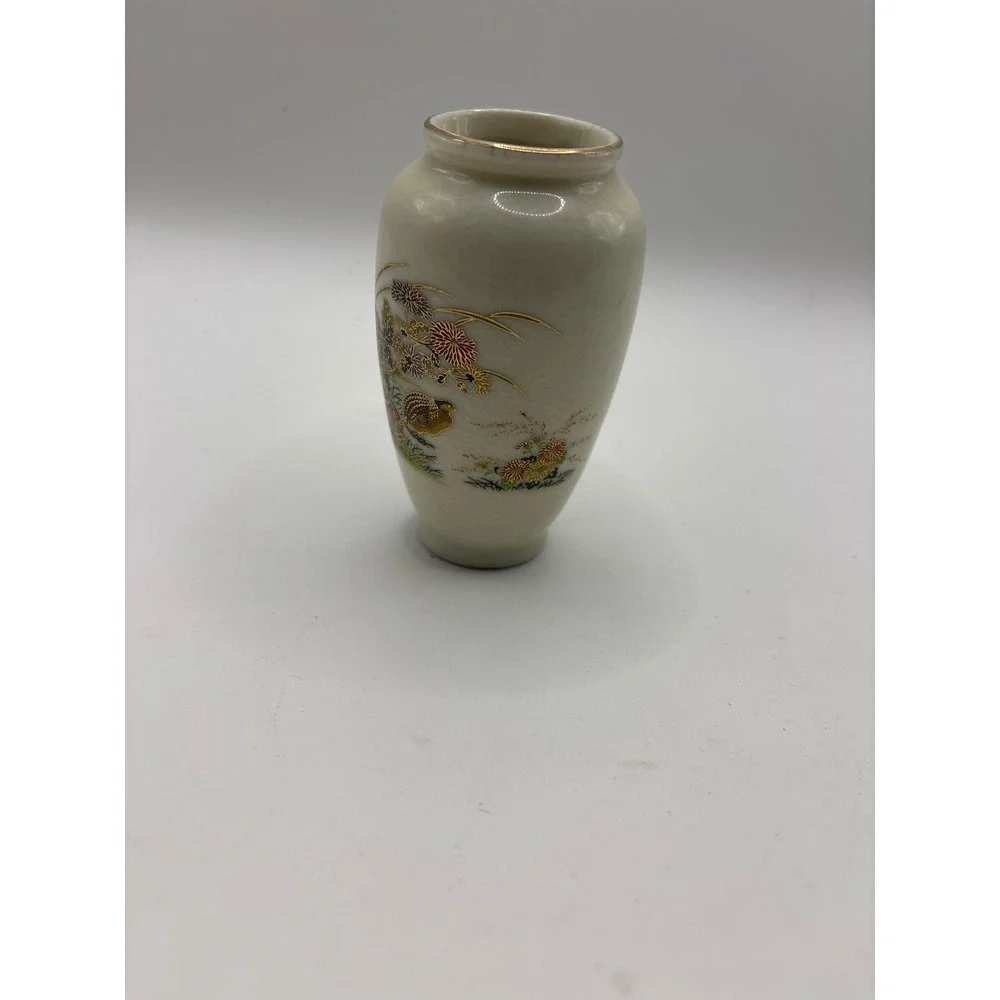 VTG Otagiri Japan Quail Bud Vase Crackle Glaze Gold Trim Floral Ceramic 3.75in